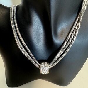 Triple Strand Snakechain Necklace with Floating Rhinestone Pendant